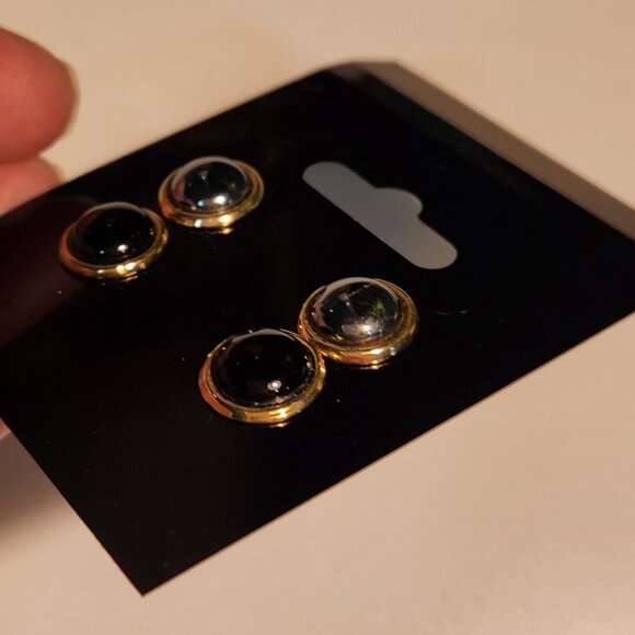 Two Pairs of Flat-Rounded Silver Stud Earrings - Black & Dark Silver - Picture 2 of 3